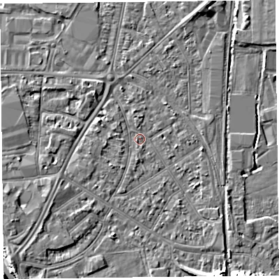 Shaded relief map of the ground around TA65EX, computed from Environment Agency LiDAR. The ground here sits at about 7 m above sea level and falls 10 m across the surrounding 800 m. Surface water reaching this point runs off ground lying to the west-north-west, 2.3 m higher.