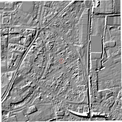 Shaded relief map of the ground around TA65EY, computed from Environment Agency LiDAR. The ground here sits at about 7 m above sea level and falls 7 m across the surrounding 800 m. Surface water reaching this point runs off ground lying to the west-north-west, 2.4 m higher.