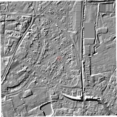 Shaded relief map of the ground around TA65EZ, computed from Environment Agency LiDAR. The ground here sits at about 7 m above sea level and falls 9 m across the surrounding 800 m. Surface water reaching this point runs off ground lying to the south-west, 0.6 m higher.