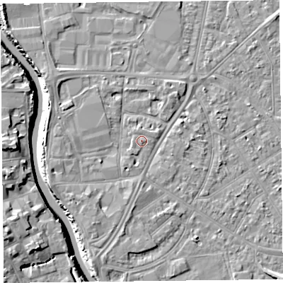 Shaded relief map of the ground around TA65FA, computed from Environment Agency LiDAR. The ground here sits at about 7 m above sea level and falls 11 m across the surrounding 800 m. Surface water reaching this point runs off ground lying to the south-south-west, 1.6 m higher.