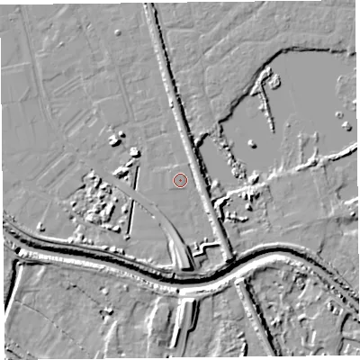 Shaded relief map of the ground around TA65FB, computed from Environment Agency LiDAR. The ground here sits at about 7 m above sea level and falls 9 m across the surrounding 800 m. Surface water reaching this point runs off ground lying to the south, 5.4 m higher.