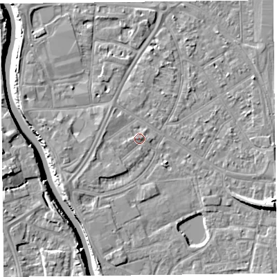 Shaded relief map of the ground around TA65FE, computed from Environment Agency LiDAR. The ground here sits at about 7 m above sea level and falls 10 m across the surrounding 800 m. Surface water reaching this point runs off ground lying to the west-south-west, 0.8 m higher.