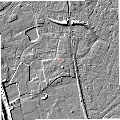 Shaded relief map of the ground around TA65FG, computed from Environment Agency LiDAR. The ground here sits at about 7 m above sea level and falls 9 m across the surrounding 800 m. Surface water reaching this point runs off ground lying to the south, 0.8 m higher.