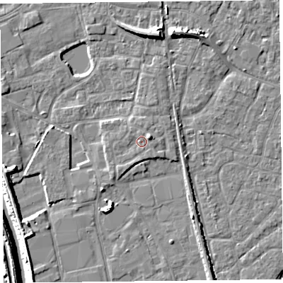 Shaded relief map of the ground around TA65FH, computed from Environment Agency LiDAR. The ground here sits at about 8 m above sea level and falls 9 m across the surrounding 800 m. Surface water reaching this point runs off ground lying to the east-north-east, 1.6 m higher.