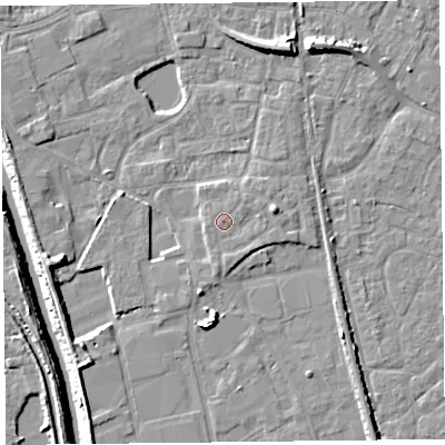 Shaded relief map of the ground around TA65FJ, computed from Environment Agency LiDAR. The ground here sits at about 8 m above sea level and falls 9 m across the surrounding 800 m. Surface water reaching this point runs off ground lying to the east, 0.6 m higher.