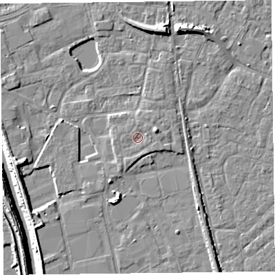 Shaded relief map of the ground around TA65FL, computed from Environment Agency LiDAR. The ground here sits at about 7 m above sea level and falls 9 m across the surrounding 800 m. Surface water reaching this point runs off ground lying to the east-south-east, 0.6 m higher.