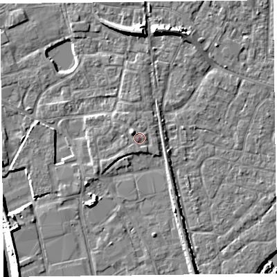 Shaded relief map of the ground around TA65FN, computed from Environment Agency LiDAR. The ground here sits at about 8 m above sea level and falls 9 m across the surrounding 800 m. Surface water reaching this point runs off ground lying to the north-west, 1.8 m higher.