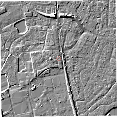 Shaded relief map of the ground around TA65FP, computed from Environment Agency LiDAR. The ground here sits at about 7 m above sea level and falls 7 m across the surrounding 800 m. Surface water reaching this point runs off ground lying to the west, 2.1 m higher.