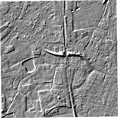 Shaded relief map of the ground around TA65FQ, computed from Environment Agency LiDAR. The ground here sits at about 7 m above sea level and falls 7 m across the surrounding 800 m. Surface water reaching this point runs off ground lying to the north-east, 5.1 m higher.