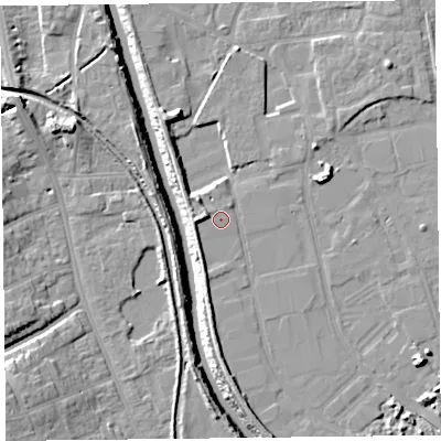 Shaded relief map of the ground around TA65FS, computed from Environment Agency LiDAR. The ground here sits at about 7 m above sea level and falls 11 m across the surrounding 800 m. Surface water reaching this point runs off ground lying to the west, 2.6 m higher.