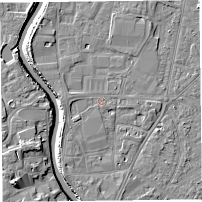 Shaded relief map of the ground around TA65FT, computed from Environment Agency LiDAR. The ground here sits at about 7 m above sea level and falls 13 m across the surrounding 800 m. Surface water reaching this point runs off ground lying to the west, 2.0 m higher.