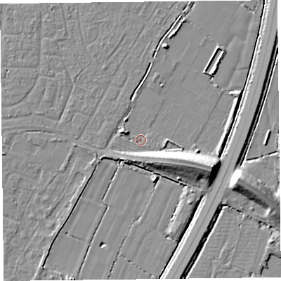 Shaded relief map of the ground around TA65FW, computed from Environment Agency LiDAR. The ground here sits at about 5 m above sea level and falls 11 m across the surrounding 800 m. Surface water reaching this point runs off ground lying to the east-south-east, 7.4 m higher.