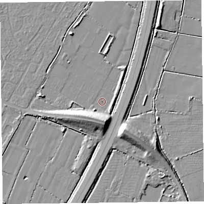 Shaded relief map of the ground around TA65FX, computed from Environment Agency LiDAR. The ground here sits at about 5 m above sea level and falls 11 m across the surrounding 800 m. Surface water reaching this point runs off ground lying to the south, 9.2 m higher.