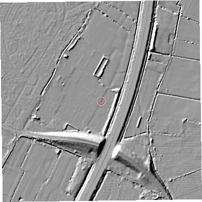 Shaded relief map of the ground around TA65FY, computed from Environment Agency LiDAR. The ground here sits at about 5 m above sea level and falls 11 m across the surrounding 800 m. Surface water reaching this point runs off ground lying to the south, 9.7 m higher.
