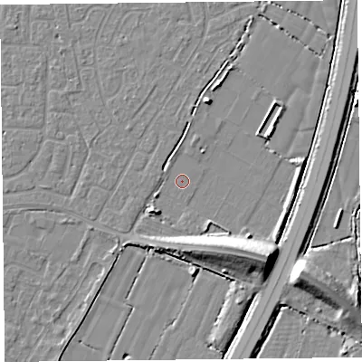 Shaded relief map of the ground around TA65GA, computed from Environment Agency LiDAR. The ground here sits at about 6 m above sea level and falls 11 m across the surrounding 800 m. Surface water reaching this point runs off ground lying to the north-north-west, 0.7 m higher.