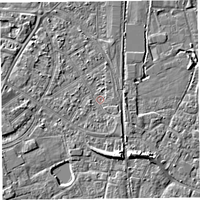 Shaded relief map of the ground around TA65HA, computed from Environment Agency LiDAR. The ground here sits at about 7 m above sea level and falls 7 m across the surrounding 800 m. Surface water reaching this point runs off ground lying to the south-south-east, 5.1 m higher.