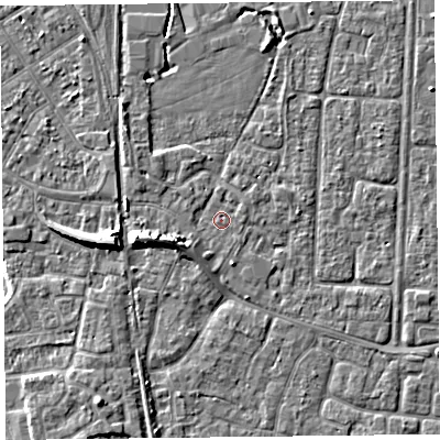 Shaded relief map of the ground around TA65HD, computed from Environment Agency LiDAR. The ground here sits at about 7 m above sea level and falls 7 m across the surrounding 800 m. Surface water reaching this point runs off ground lying to the south-west, 1.6 m higher.