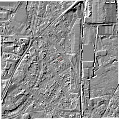 Shaded relief map of the ground around TA65HE, computed from Environment Agency LiDAR. The ground here sits at about 7 m above sea level and falls 5 m across the surrounding 800 m. Surface water reaching this point runs off ground lying to the north-north-west, 0.6 m higher.