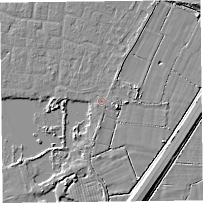 Shaded relief map of the ground around TA65HH, computed from Environment Agency LiDAR. The ground here sits at about 6 m above sea level and falls 7 m across the surrounding 800 m. Surface water reaching this point runs off ground lying to the south-west, 0.6 m higher.