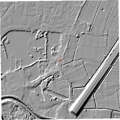 Shaded relief map of the ground around TA65HJ, computed from Environment Agency LiDAR. The ground here sits at about 7 m above sea level and falls 11 m across the surrounding 800 m. Surface water reaching this point runs off ground lying to the west, 1.1 m higher.