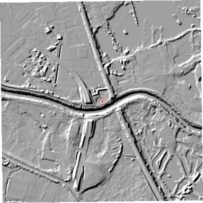 Shaded relief map of the ground around TA65HN, computed from Environment Agency LiDAR. The ground here sits at about 7 m above sea level and falls 9 m across the surrounding 800 m. Surface water reaching this point runs off ground lying to the west, 5.7 m higher.