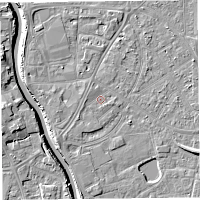Shaded relief map of the ground around TA65HP, computed from Environment Agency LiDAR. The ground here sits at about 7 m above sea level and falls 11 m across the surrounding 800 m. Surface water reaching this point runs off ground lying to the south-west, 1.1 m higher.