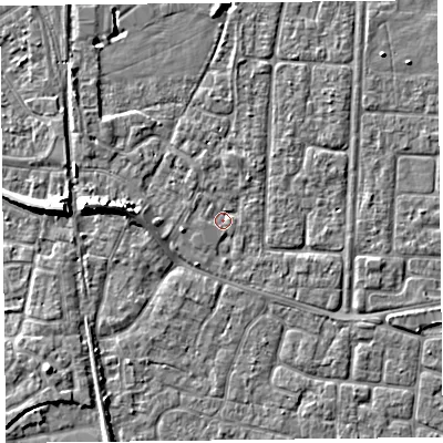 Shaded relief map of the ground around TA65HQ, computed from Environment Agency LiDAR. The ground here sits at about 6 m above sea level and falls 6 m across the surrounding 800 m. Surface water reaching this point runs off ground lying to the north-north-west, 1.3 m higher.