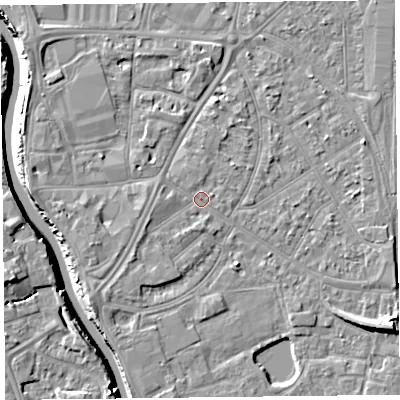 Shaded relief map of the ground around TA65HR, computed from Environment Agency LiDAR. The ground here sits at about 7 m above sea level and falls 10 m across the surrounding 800 m. Surface water reaching this point runs off ground lying to the south-west, 1.2 m higher.