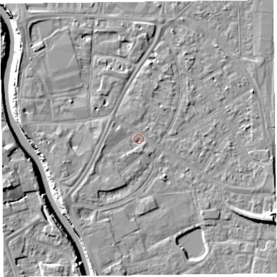 Shaded relief map of the ground around TA65HS, computed from Environment Agency LiDAR. The ground here sits at about 7 m above sea level and falls 10 m across the surrounding 800 m. Surface water reaching this point runs off ground lying to the south-west, 1.5 m higher.