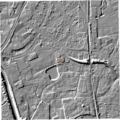 Shaded relief map of the ground around TA65HT, computed from Environment Agency LiDAR. The ground here sits at about 7 m above sea level and falls 10 m across the surrounding 800 m. Surface water reaching this point runs off ground lying to the west, 0.6 m higher.