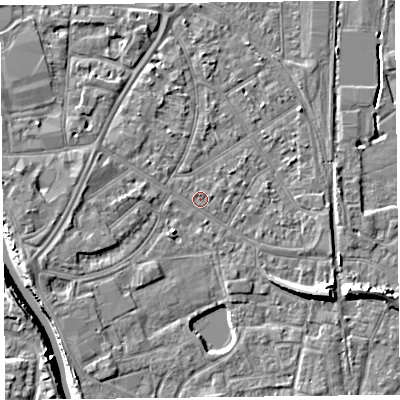Shaded relief map of the ground around TA65HX, computed from Environment Agency LiDAR. The ground here sits at about 7 m above sea level and falls 10 m across the surrounding 800 m. Surface water reaching this point runs off ground lying to the north, 0.7 m higher.