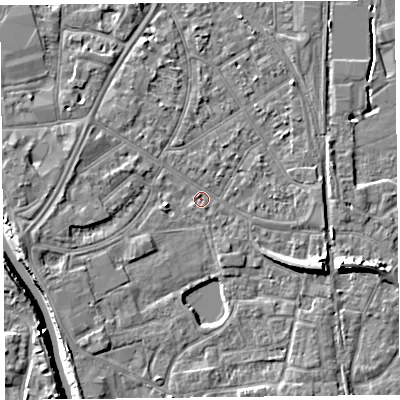 Shaded relief map of the ground around TA65HY, computed from Environment Agency LiDAR. The ground here sits at about 7 m above sea level and falls 10 m across the surrounding 800 m. Surface water reaching this point runs off ground lying to the east-south-east, 5.6 m higher.
