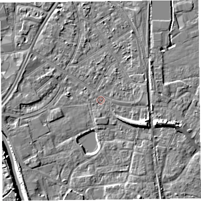 Shaded relief map of the ground around TA65HZ, computed from Environment Agency LiDAR. The ground here sits at about 6 m above sea level and falls 10 m across the surrounding 800 m. Surface water reaching this point runs off ground lying to the east-south-east, 5.1 m higher.