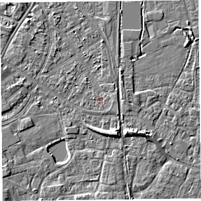 Shaded relief map of the ground around TA65JB, computed from Environment Agency LiDAR. The ground here sits at about 6 m above sea level and falls 7 m across the surrounding 800 m. Surface water reaching this point runs off ground lying to the east, 1.2 m higher.