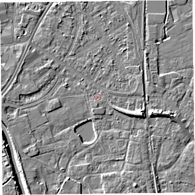 Shaded relief map of the ground around TA65JD, computed from Environment Agency LiDAR. The ground here sits at about 7 m above sea level and falls 10 m across the surrounding 800 m. Surface water reaching this point runs off ground lying to the south, 0.9 m higher.