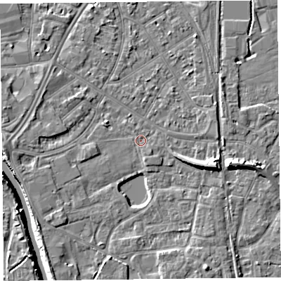 Shaded relief map of the ground around TA65JF, computed from Environment Agency LiDAR. The ground here sits at about 6 m above sea level and falls 10 m across the surrounding 800 m. Surface water reaching this point runs off ground lying to the south-east, 0.9 m higher.