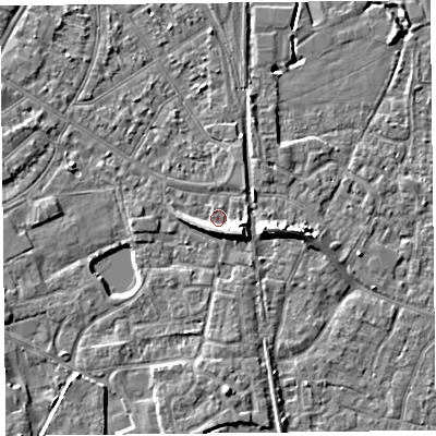 Shaded relief map of the ground around TA65JG, computed from Environment Agency LiDAR. The ground here sits at about 7 m above sea level and falls 7 m across the surrounding 800 m. Surface water reaching this point runs off ground lying to the south-east, 5.1 m higher.