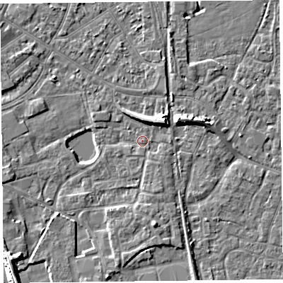 Shaded relief map of the ground around TA65JH, computed from Environment Agency LiDAR. The ground here sits at about 7 m above sea level and falls 9 m across the surrounding 800 m. Surface water reaching this point runs off ground lying to the north-east, 5.3 m higher.