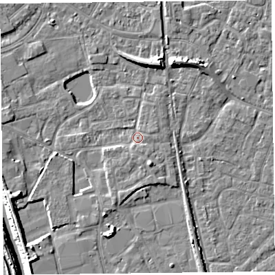 Shaded relief map of the ground around TA65JJ, computed from Environment Agency LiDAR. The ground here sits at about 7 m above sea level and falls 9 m across the surrounding 800 m. Surface water reaching this point runs off ground lying to the south, 1.3 m higher.