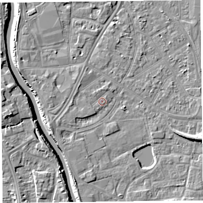 Shaded relief map of the ground around TA65JP, computed from Environment Agency LiDAR. The ground here sits at about 7 m above sea level and falls 9 m across the surrounding 800 m. Surface water reaching this point runs off ground lying to the north-north-west, 0.8 m higher.