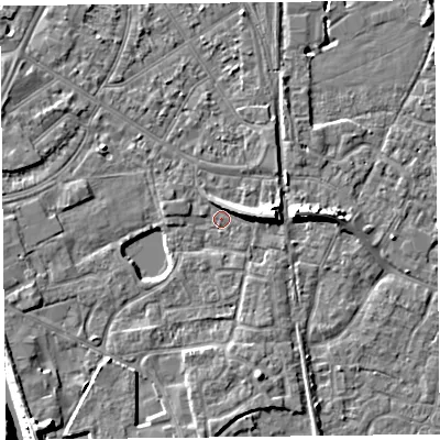 Shaded relief map of the ground around TA65JQ, computed from Environment Agency LiDAR. The ground here sits at about 7 m above sea level and falls 9 m across the surrounding 800 m. Surface water reaching this point runs off ground lying to the east, 5.7 m higher.