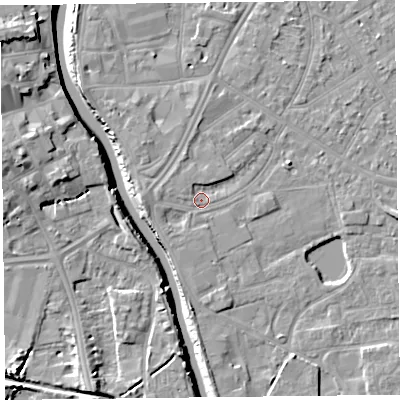Shaded relief map of the ground around TA65JR, computed from Environment Agency LiDAR. The ground here sits at about 7 m above sea level and falls 11 m across the surrounding 800 m. Surface water reaching this point runs off ground lying to the north, 1.6 m higher.
