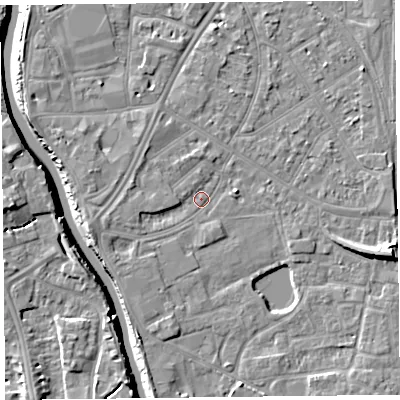 Shaded relief map of the ground around TA65JS, computed from Environment Agency LiDAR. The ground here sits at about 7 m above sea level and falls 10 m across the surrounding 800 m. Surface water reaching this point runs off ground lying to the west-south-west, 2.6 m higher.
