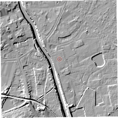 Shaded relief map of the ground around TA65JT, computed from Environment Agency LiDAR. The ground here sits at about 7 m above sea level and falls 11 m across the surrounding 800 m. Surface water reaching this point runs off ground lying to the west-north-west, 0.6 m higher.