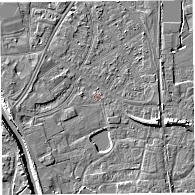 Shaded relief map of the ground around TA65JU, computed from Environment Agency LiDAR. The ground here sits at about 7 m above sea level and falls 10 m across the surrounding 800 m. Surface water reaching this point runs off ground lying to the east-south-east, 5.6 m higher.