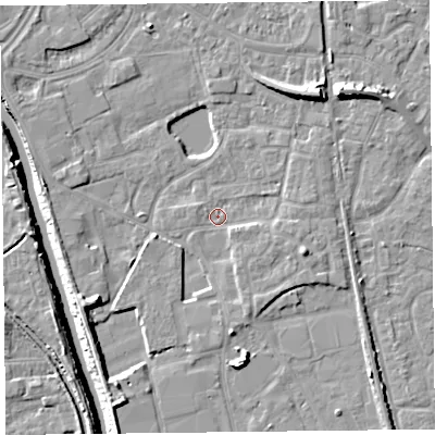 Shaded relief map of the ground around TA65JW, computed from Environment Agency LiDAR. The ground here sits at about 6 m above sea level and falls 10 m across the surrounding 800 m. Surface water reaching this point runs off ground lying to the east-south-east, 2.2 m higher.