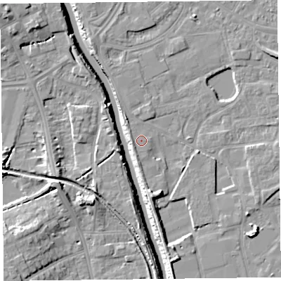 Shaded relief map of the ground around TA65JY, computed from Environment Agency LiDAR. The ground here sits at about 7 m above sea level and falls 11 m across the surrounding 800 m. Surface water reaching this point runs off ground lying to the west-south-west, 0.9 m higher.