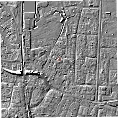 Shaded relief map of the ground around TA65LA, computed from Environment Agency LiDAR. The ground here sits at about 7 m above sea level and falls 6 m across the surrounding 800 m. Surface water reaching this point runs off ground lying to the west, 1.1 m higher.