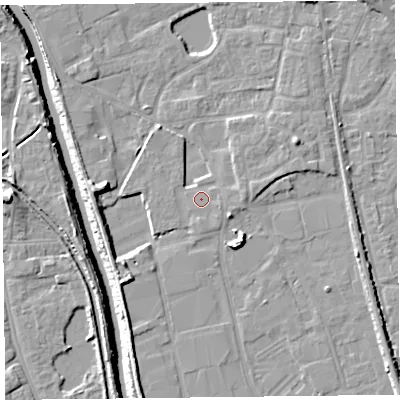 Shaded relief map of the ground around TA65LB, computed from Environment Agency LiDAR. The ground here sits at about 7 m above sea level and falls 9 m across the surrounding 800 m. Surface water reaching this point runs off ground lying to the east, 0.8 m higher.