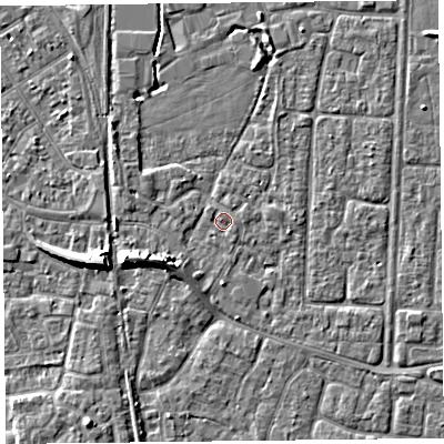 Shaded relief map of the ground around TA65LE, computed from Environment Agency LiDAR. The ground here sits at about 7 m above sea level and falls 6 m across the surrounding 800 m. Surface water reaching this point runs off ground lying to the south-east, 0.8 m higher.